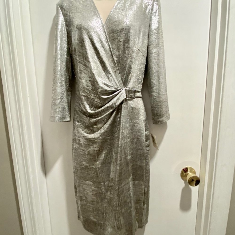 (4) Anne Klein Minimalist Quiet Luxury Retro 20s Drape Faux Wrap Midi Dress 10